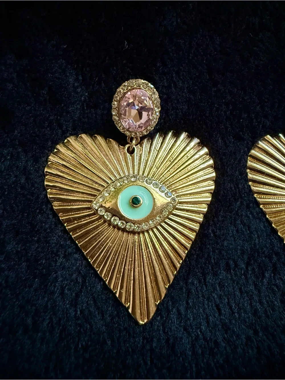 Forever 21 Gold Heart Evil Eye Statement Earrings with Pink Crystal Stud